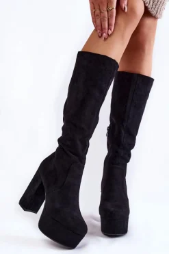 Discount Zamszowe Kozaki Na Masywnym Obcasie I Platformie Czarne Nevira Damskie Kozaki Wiosenne|Kozaki Przed Kolano