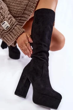 Discount Zamszowe Kozaki Na Masywnym Obcasie I Platformie Czarne Nevira Damskie Kozaki Wiosenne|Kozaki Przed Kolano