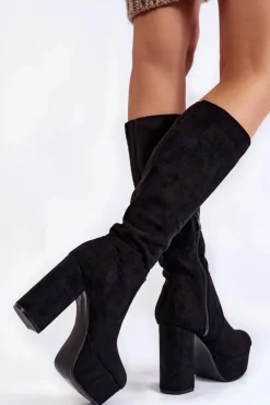 Discount Zamszowe Kozaki Na Masywnym Obcasie I Platformie Czarne Nevira Damskie Kozaki Wiosenne|Kozaki Przed Kolano