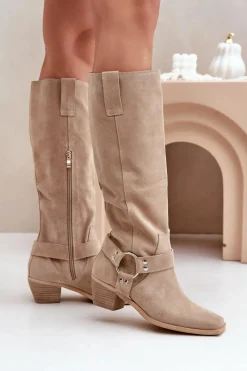 Best Zazoo Zamszowe Kozaki Na Niskim Obcasie Z Cholewką Przed Kolano 3444/O Jasnobeżowe Beżowy