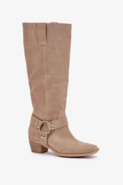 Best Zazoo Zamszowe Kozaki Na Niskim Obcasie Z Cholewką Przed Kolano 3444/O Jasnobeżowe Beżowy