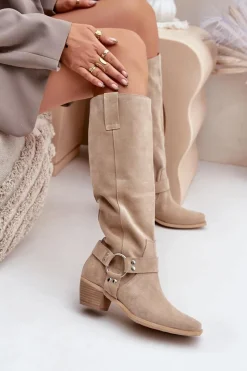 Best Zazoo Zamszowe Kozaki Na Niskim Obcasie Z Cholewką Przed Kolano 3444/O Jasnobeżowe Beżowy