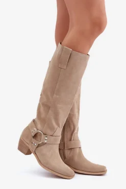 Best Zazoo Zamszowe Kozaki Na Niskim Obcasie Z Cholewką Przed Kolano 3444/O Jasnobeżowe Beżowy