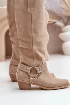 Best Zazoo Zamszowe Kozaki Na Niskim Obcasie Z Cholewką Przed Kolano 3444/O Jasnobeżowe Beżowy