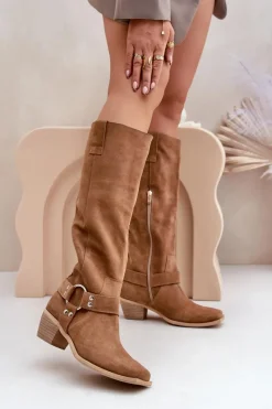 Discount Zamszowe Kozaki Na Niskim Obcasie Z Cholewką Przed Kolano 3444/O Camel Damskie Kozaki Na Słupku|Kozaki Wiosenne