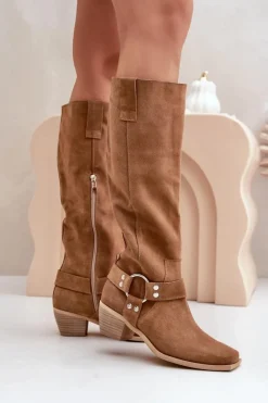 Discount Zamszowe Kozaki Na Niskim Obcasie Z Cholewką Przed Kolano 3444/O Camel Damskie Kozaki Na Słupku|Kozaki Wiosenne