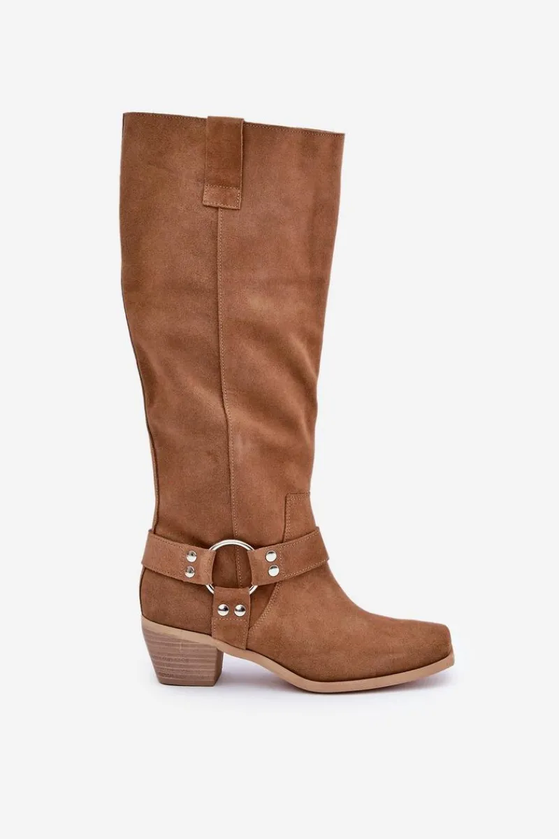 Discount Zamszowe Kozaki Na Niskim Obcasie Z Cholewką Przed Kolano 3444/O Camel Damskie Kozaki Na Słupku|Kozaki Wiosenne