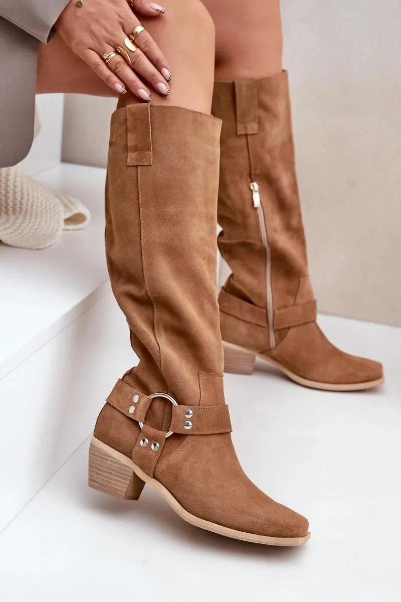 Discount Zamszowe Kozaki Na Niskim Obcasie Z Cholewką Przed Kolano 3444/O Camel Damskie Kozaki Na Słupku|Kozaki Wiosenne