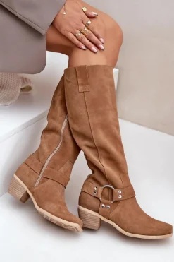 Discount Zamszowe Kozaki Na Niskim Obcasie Z Cholewką Przed Kolano 3444/O Camel Damskie Kozaki Na Słupku|Kozaki Wiosenne