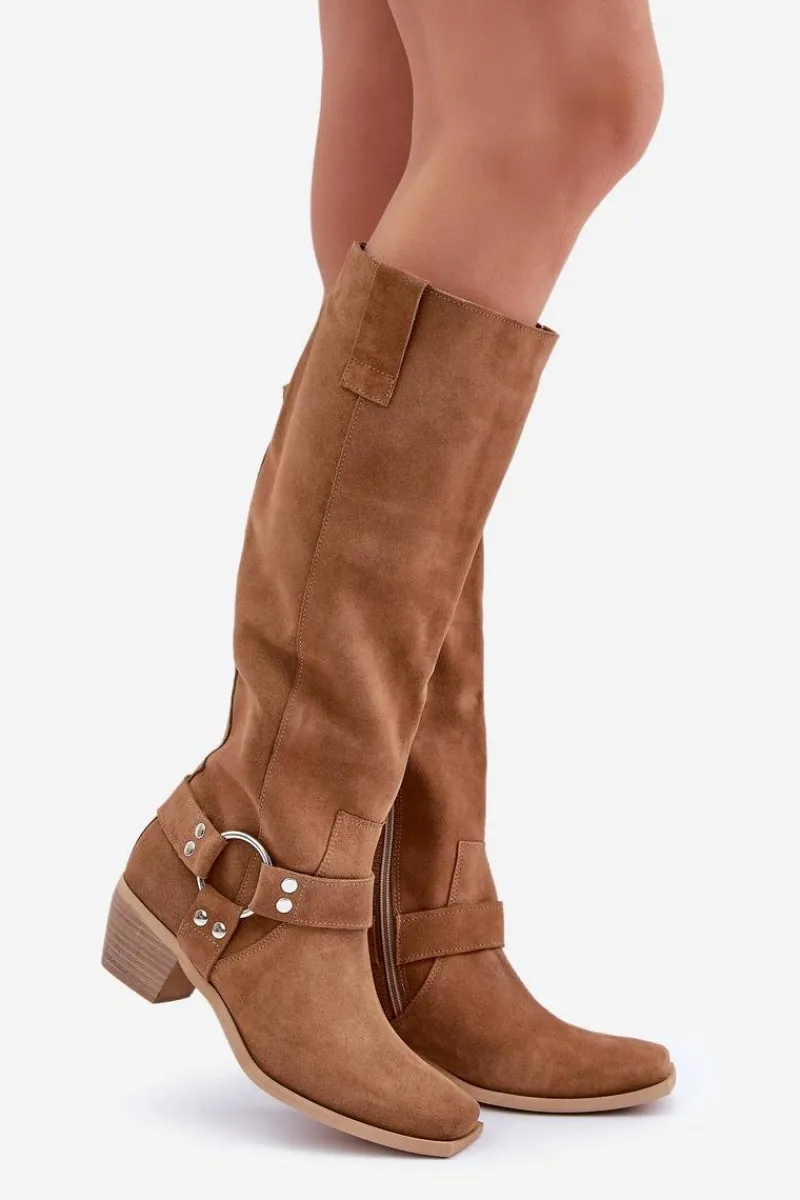 Discount Zamszowe Kozaki Na Niskim Obcasie Z Cholewką Przed Kolano 3444/O Camel Damskie Kozaki Na Słupku|Kozaki Wiosenne