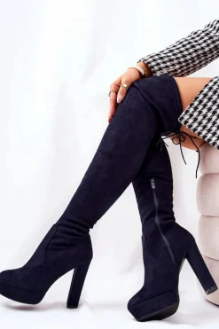 Zamszowe Kozaki Na Obcasie Granatowe Minesa Damskie Kozaki Wiosenne|Kozaki Za Kolano