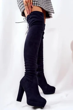 Zamszowe Kozaki Na Obcasie Granatowe Minesa Damskie Kozaki Wiosenne|Kozaki Za Kolano