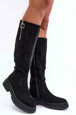 Kozaki Płaskie|Kozaki Przed Kolano>Buty damskie Vinceza Zamszowe Kozaki Na Płaskim Obcasie I Platformie Czarne Nesina