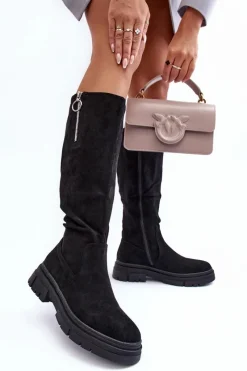 Kozaki Płaskie|Kozaki Przed Kolano>Buty damskie Vinceza Zamszowe Kozaki Na Płaskim Obcasie I Platformie Czarne Nesina
