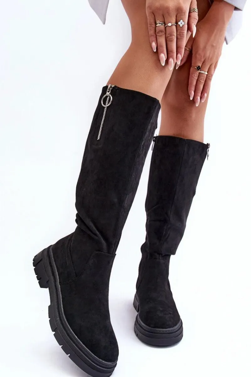 Kozaki Płaskie|Kozaki Przed Kolano>Buty damskie Vinceza Zamszowe Kozaki Na Płaskim Obcasie I Platformie Czarne Nesina