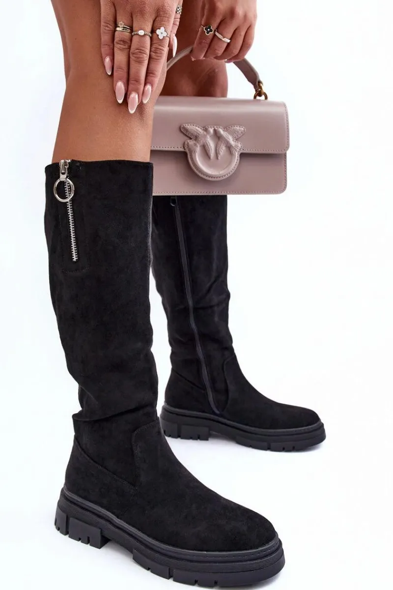 Kozaki Płaskie|Kozaki Przed Kolano>Buty damskie Vinceza Zamszowe Kozaki Na Płaskim Obcasie I Platformie Czarne Nesina