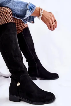 Discount Damskie buty S.Barski Zamszowe Kozaki Na Płaskim Obcasie Czarne Giulia