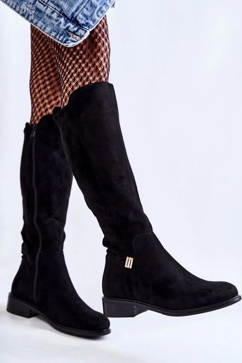 Discount Damskie buty S.Barski Zamszowe Kozaki Na Płaskim Obcasie Czarne Giulia