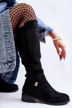 Discount Damskie buty S.Barski Zamszowe Kozaki Na Płaskim Obcasie Czarne Giulia