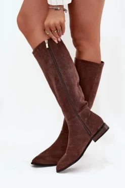Clearance Zamszowe Kozaki Na Płaskim Obcasie Brązowe Eelin Damskie Kozaki Płaskie|Kozaki Przed Kolano