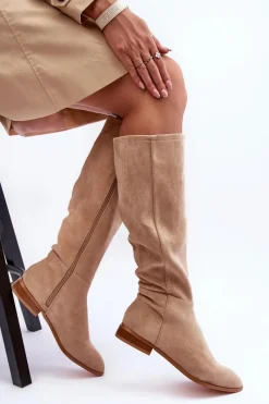 Clearance Zamszowe Kozaki Na Płaskim Obcasie Beżowe Eelin Damskie Kozaki Płaskie|Kozaki Przed Kolano