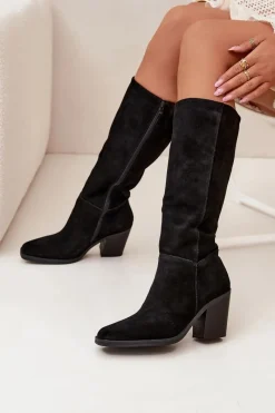 Clearance Boto Zamszowe Kozaki Na Słupku Zamek Czarne Lissara Czarny