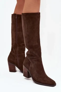 Clearance Zamszowe Kozaki Na Słupku Zamek Czekoladowe Lissara Damskie Kozaki Ocieplane|Kozaki Na Słupku