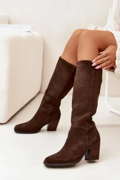 Clearance Zamszowe Kozaki Na Słupku Zamek Czekoladowe Lissara Damskie Kozaki Ocieplane|Kozaki Na Słupku