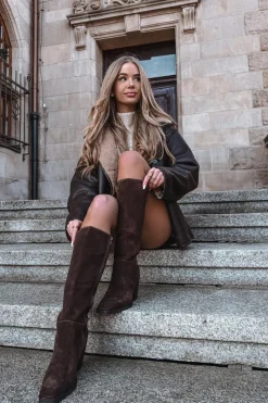 Clearance Zamszowe Kozaki Na Słupku Zamek Czekoladowe Lissara Damskie Kozaki Ocieplane|Kozaki Na Słupku