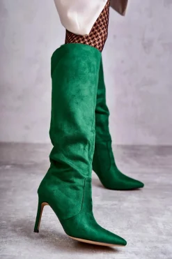 Hot Zamszowe Kozaki Na Szpilce Zielone Carite Damskie Kozaki Przed Kolano|Kozaki Na Obcasie