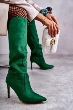 Hot Zamszowe Kozaki Na Szpilce Zielone Carite Damskie Kozaki Przed Kolano|Kozaki Na Obcasie