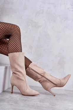 Kozaki Wiosenne|Kozaki Przed Kolano></noscript>Boto Zamszowe Kozaki Na Szpilce Beżowe Arison