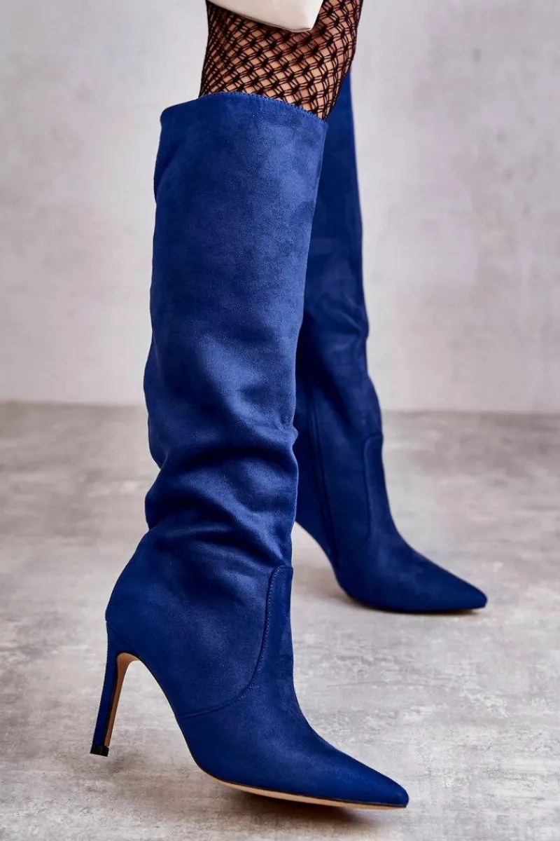 New Zamszowe Kozaki Na Szpilce Niebieskie Carite Damskie Kozaki Przed Kolano|Kozaki Na Obcasie