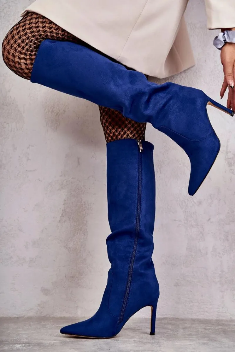 New Zamszowe Kozaki Na Szpilce Niebieskie Carite Damskie Kozaki Przed Kolano|Kozaki Na Obcasie