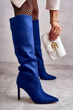 New Zamszowe Kozaki Na Szpilce Niebieskie Carite Damskie Kozaki Przed Kolano|Kozaki Na Obcasie