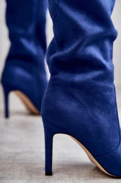 New Zamszowe Kozaki Na Szpilce Niebieskie Carite Damskie Kozaki Przed Kolano|Kozaki Na Obcasie