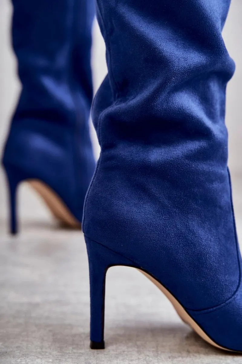 New Zamszowe Kozaki Na Szpilce Niebieskie Carite Damskie Kozaki Przed Kolano|Kozaki Na Obcasie