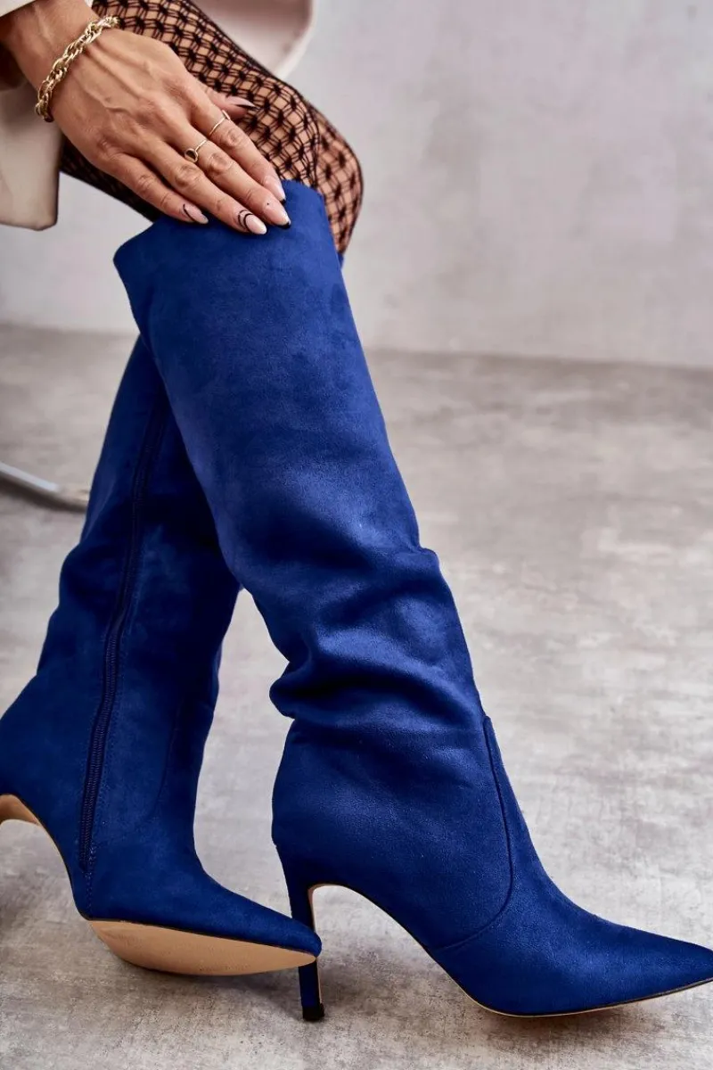 New Zamszowe Kozaki Na Szpilce Niebieskie Carite Damskie Kozaki Przed Kolano|Kozaki Na Obcasie