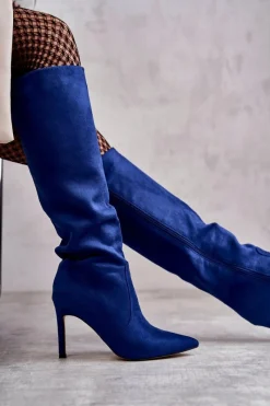 New Zamszowe Kozaki Na Szpilce Niebieskie Carite Damskie Kozaki Przed Kolano|Kozaki Na Obcasie