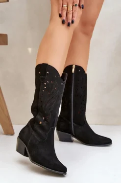 Hot Zamszowe Kozaki Z Ażurową Cholewką Zazoo 3609 Czarne Damskie Kozaki Na Słupku|Kozaki Ażurowe