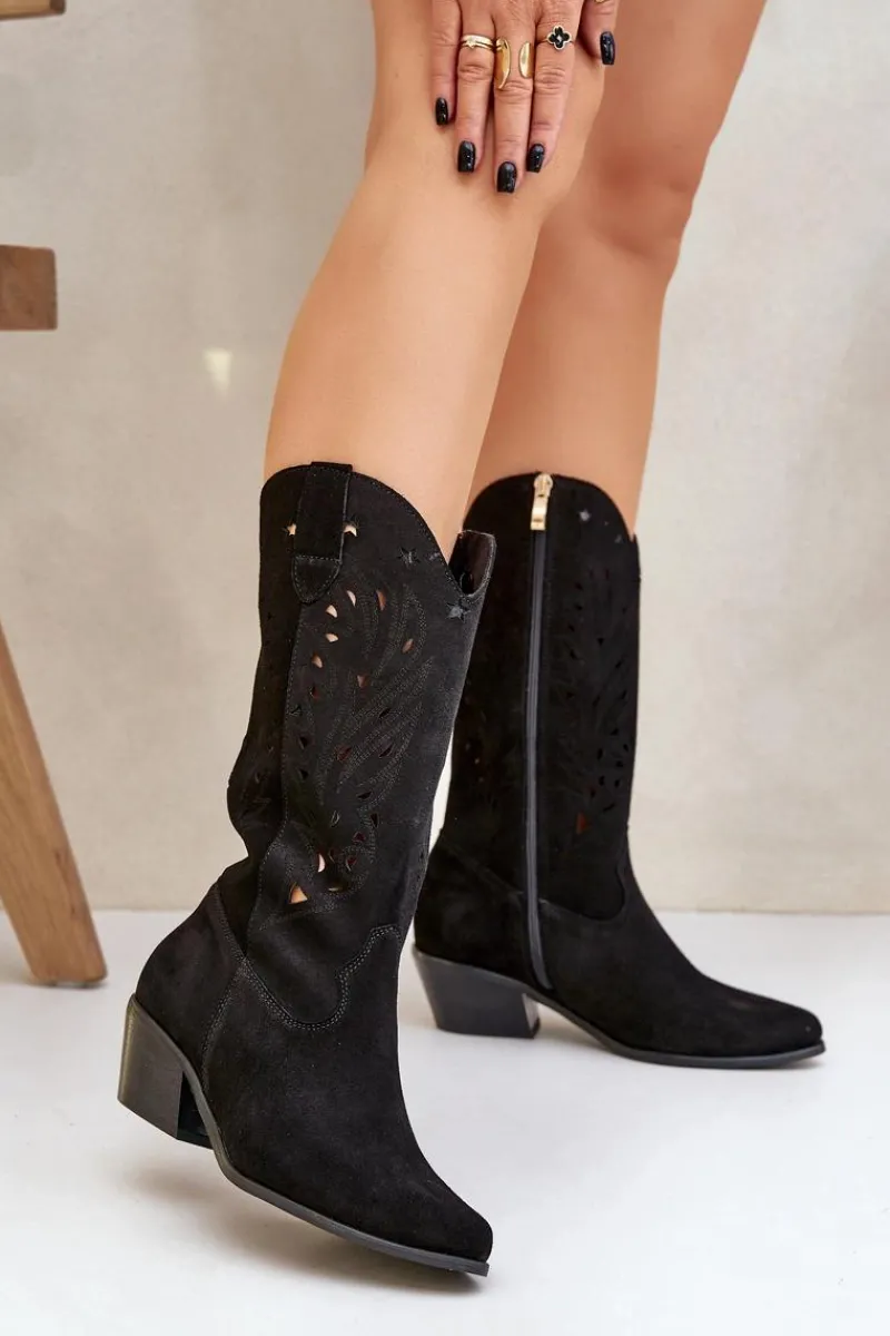 Hot Zamszowe Kozaki Z Ażurową Cholewką Zazoo 3609 Czarne Damskie Kozaki Na Słupku|Kozaki Ażurowe