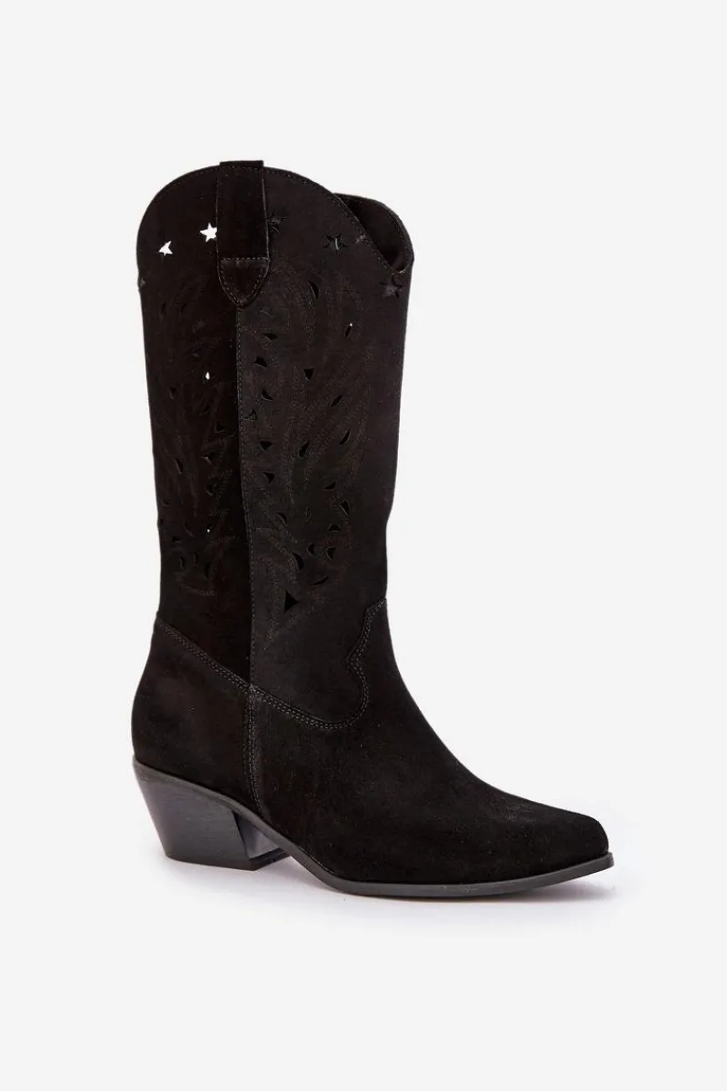 Hot Zamszowe Kozaki Z Ażurową Cholewką Zazoo 3609 Czarne Damskie Kozaki Na Słupku|Kozaki Ażurowe