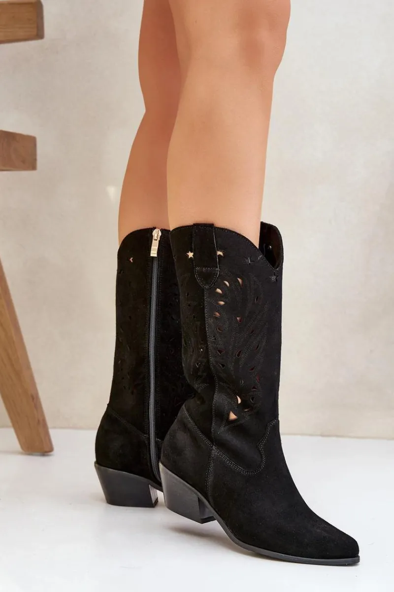 Hot Zamszowe Kozaki Z Ażurową Cholewką Zazoo 3609 Czarne Damskie Kozaki Na Słupku|Kozaki Ażurowe