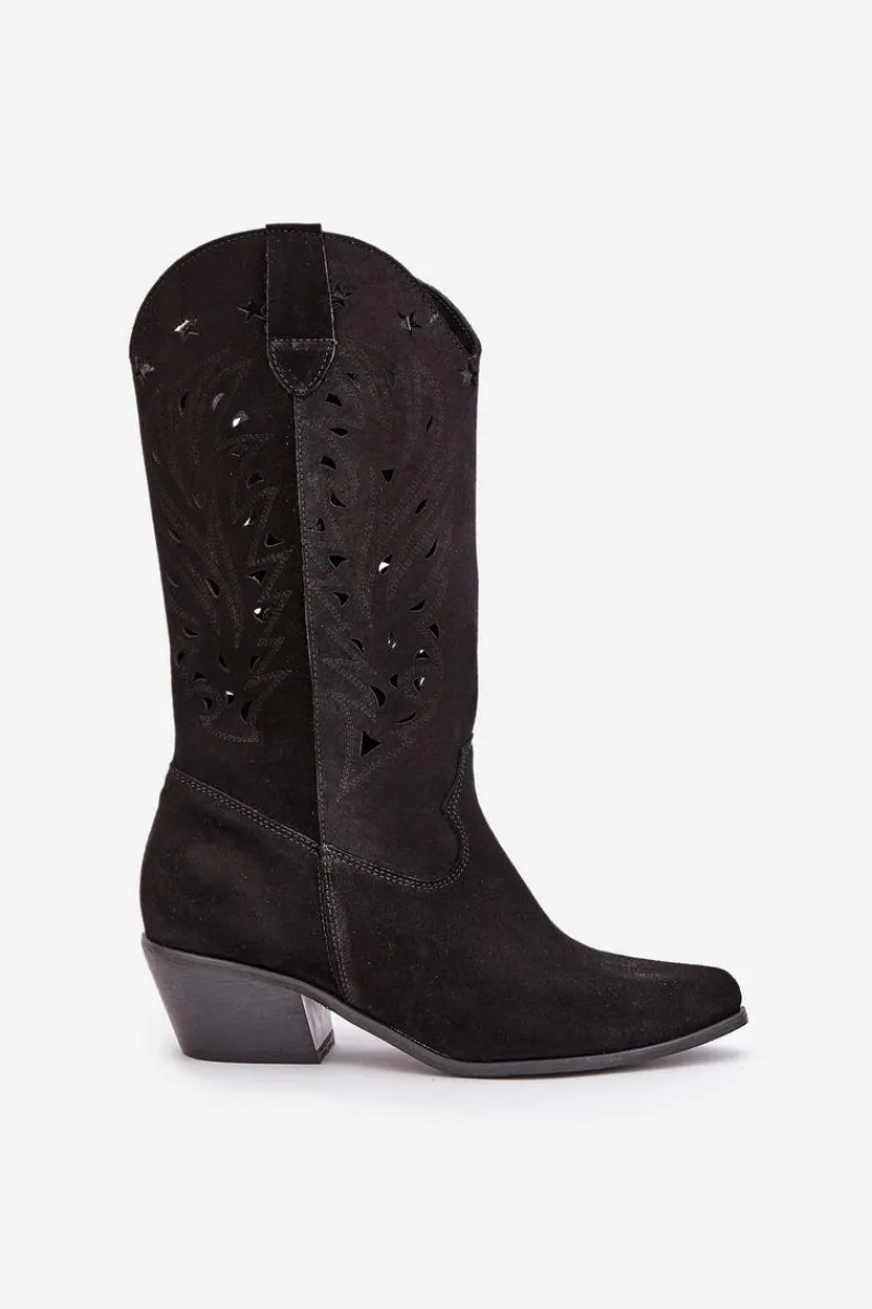 Hot Zamszowe Kozaki Z Ażurową Cholewką Zazoo 3609 Czarne Damskie Kozaki Na Słupku|Kozaki Ażurowe