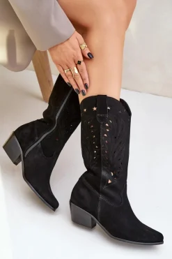 Hot Zamszowe Kozaki Z Ażurową Cholewką Zazoo 3609 Czarne Damskie Kozaki Na Słupku|Kozaki Ażurowe