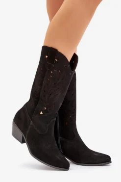 Hot Zamszowe Kozaki Z Ażurową Cholewką Zazoo 3609 Czarne Damskie Kozaki Na Słupku|Kozaki Ażurowe