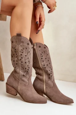 Zamszowe Kozaki Z Ażurową Cholewką Zazoo 3609 Brązowe Damskie Kozaki Ażurowe|Kozaki Na Obcasie