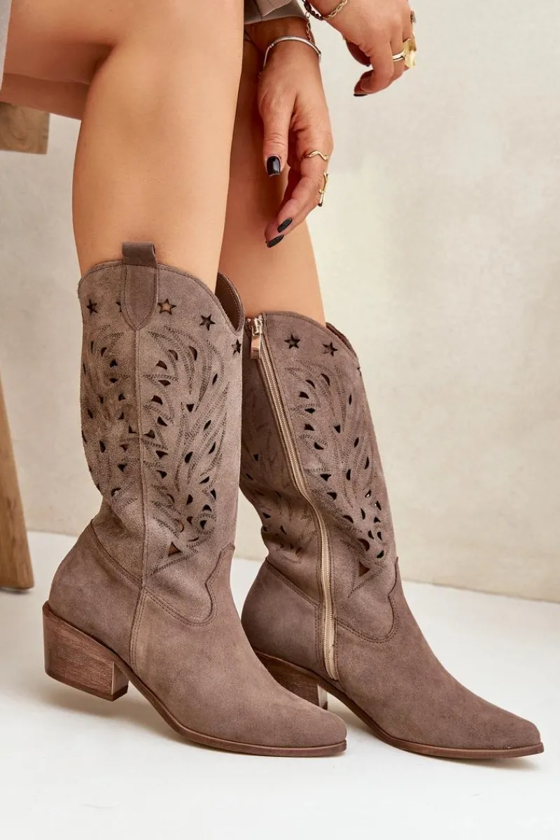 Zamszowe Kozaki Z Ażurową Cholewką Zazoo 3609 Brązowe Damskie Kozaki Ażurowe|Kozaki Na Obcasie