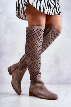 Kozaki Wiosenne|Kozaki Ażurowe>Boto Zamszowe Kozaki Z Ażurowym Wzorem Ciemnobeżowe Arinna