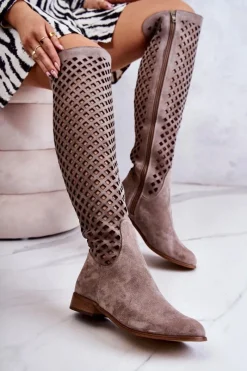 Kozaki Wiosenne|Kozaki Ażurowe>Boto Zamszowe Kozaki Z Ażurowym Wzorem Ciemnobeżowe Arinna